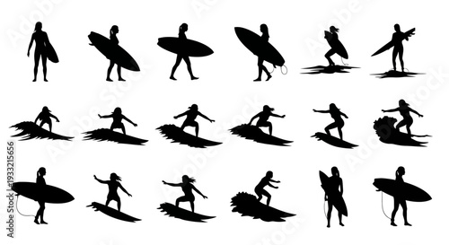 Collection of Surfers in Various Poses Silhouette.