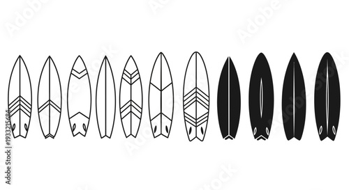 Collection of various surfboard designs in black and white.
