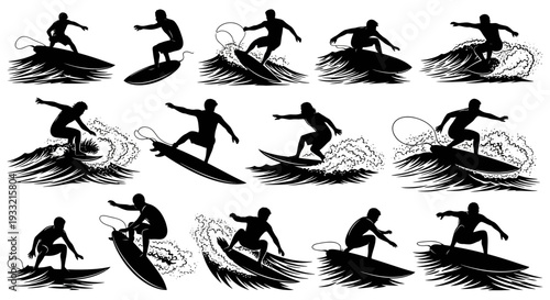 Collection of Surfers Riding Waves in Various Positions.
