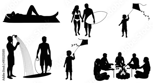 Silhouettes of people engaging in various leisure activities.