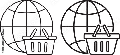 Globe and shopping basket icons for online shopping silhouette
