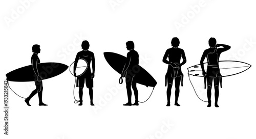 Silhouettes of surfers with surfboards in various poses.