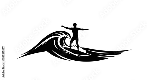 Silhouette of a surfer riding a wave with outstretched arms.