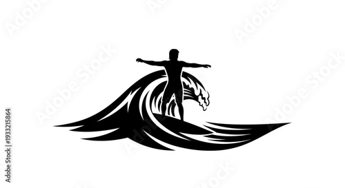 Silhouette of a surfer riding a wave with outstretched arms.