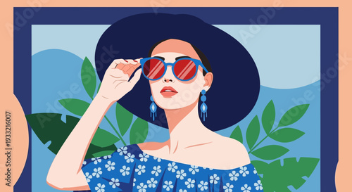 Woman wearing sunglasses and hat in a tropical setting.