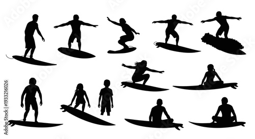 Collection of surfers in various poses on surfboards.