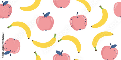 Seamless Fruit Pattern Featuring Pink Apples and Yellow Bananas on a White Background for Kitchen Decor, Summer Textiles, and Fresh Food Packaging Designs