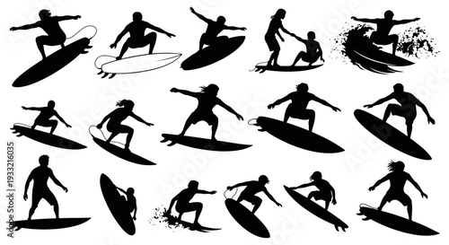 Collection of surfers in various poses on surfboards.