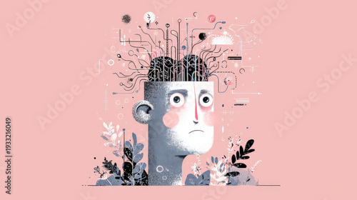 Person having many thoughts, brain functioning, and mental processes