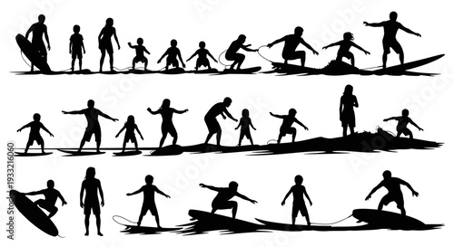 Collection of silhouettes of people surfing on the ocean waves.