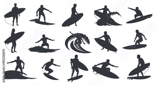Collection of surfers in various poses on their surfboards.