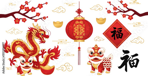 Cartoon vector set of hot dogs styled as festive holiday decorations with hats stars ornaments and greeting elements for Chinese New Year celebration