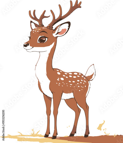 Smiling deer standing side view, simple spots detail, bold clean outline 1