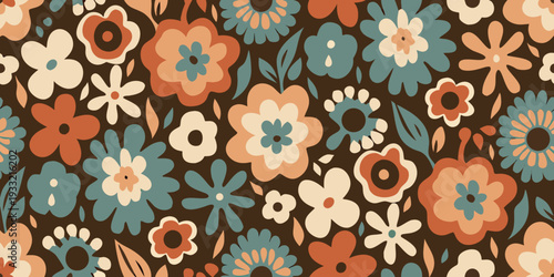A seamless pattern of stylized flowers in warm and cool tones