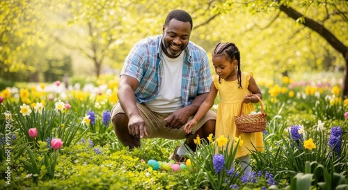 African American girl finding Easter eggs while father cheer, happiness and support. Sunny garden. Generative Ai