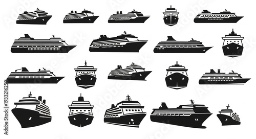 Collection of various cruise ship silhouettes in different perspectives for design elements.