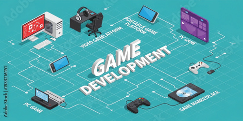 Professional Isometric Game Development Concept Map with PC Gaming Hardware Video Game Platforms and Digital Marketplace Icons for Software Industry and Creative Tech Designs