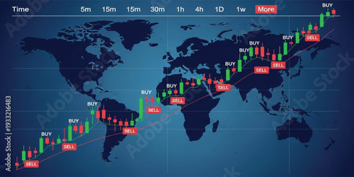 Professional Global Stock Market Trading Graph with Candlestick Charts Buy and Sell Signals on World Map Background for Financial Analysis and Forex Exchange Designs