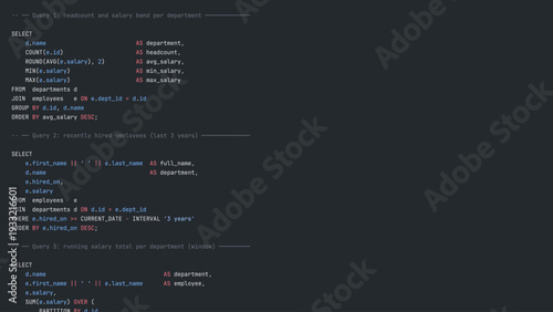 Modern Developer Programmer Screen with Database SQL Programming Language Code with Color Syntax Highlighting. Vector Illustration.