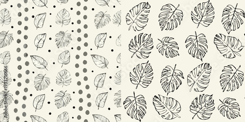 Botanical pattern featuring monstera and tropical leaves with polka dots