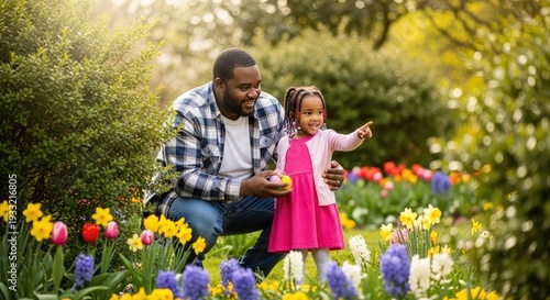 African American father celebrating child success in egg hunt, joyful parenting. Spring Eater holiday. Generative Ai