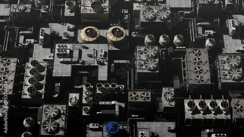Cuadro en lienzo Top view of industrial rooftop infrastructure with cooling units, ventilation systems and mechanical equipment