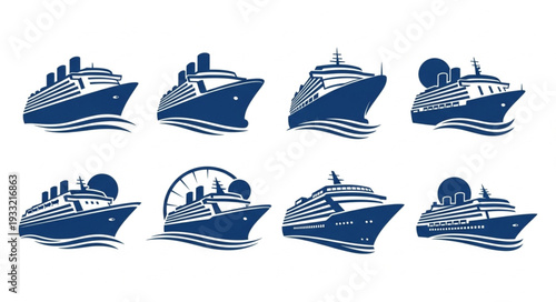 Collection of cruise ship illustrations in various angles and designs for travel concepts.