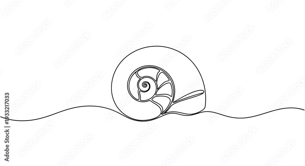 Obraz premium Simple Seashell on a Wavy Line, Continuous One Line Art Design Element