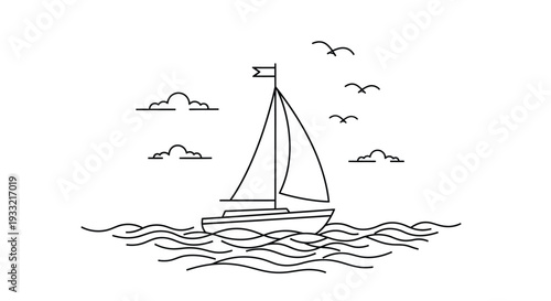 Sailboat with Seagulls and Clouds on Wavy Ocean, Continuous One Line Art