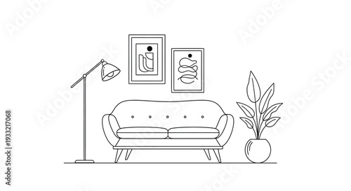 Contemporary Living Room Interior with Mid-Century Sofa, Lamp, & Art