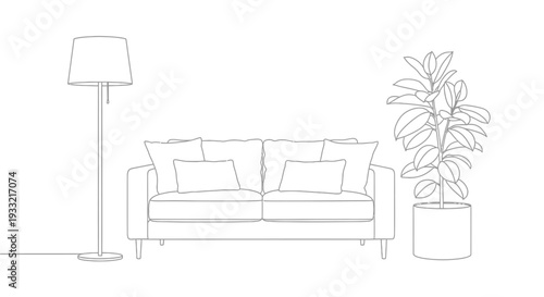 Modern Living Room Outline with Sofa, Floor Lamp, and Potted Ficus Plant
