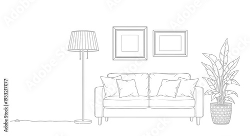 Minimalist Living Room Interior with Sofa, Floor Lamp, and Potted Plant