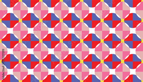 Seamless geometric pattern featuring overlapping quadrants and circles in red, pink, and blue. Abstract vector background with a rhythmic, high-density spherical grid