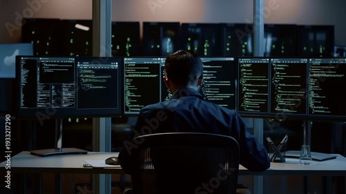 Programmer coding during midnight hours. Technician troubleshooting across several monitors at night. Dedicated developer working through night amidst server arrays and multiple digital displays