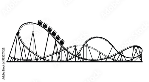 Roller coaster silhouette illustration, black and white amusement ride with cars on rails, theme park attraction graphic, minimal line art vector design isolated.