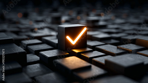 Glowing checkmark block rising from dark cubes