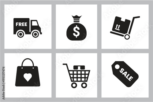 Collection of black icons representing various digital activities and Online shopping and delivery elements