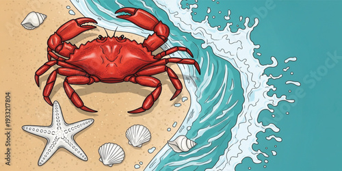 Red Crab on Sandy Beach with Ocean Waves, Starfish, and Seashells Coastal Marine Life Illustration for Summer Vacation, Sea Nature, and Tropical Design