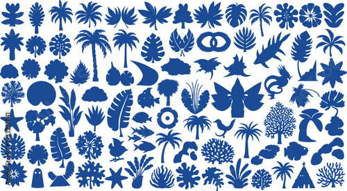 Blue silhouette patterns featuring various tropical leaves and plants on a white background silhouette