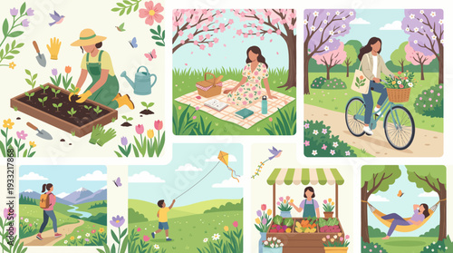 Vibrant spring scenes of people enjoying nature and outdoor activities