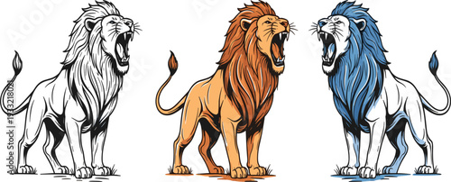 Roaring Lion Vector Illustration Set Featuring Majestic Male Lions in Standing Poses with Bold Outlines for Sports Mascots, T-shirt Designs, and Powerful Branding Symbols