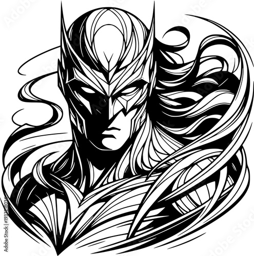 Mystical Guardian: A captivating depiction of a stylized, heroic figure, exuding an aura of power and mystique. With an intricate helmet and flowing locks.