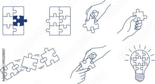 A collection of six puzzle pieces isolated on transparent background