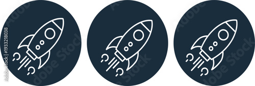 Rocket Ship Launch Icon Set Featuring Minimalist Line Art Spacecraft Symbols for Startup Projects, Business Growth, Technology Innovation, and Web Application Design