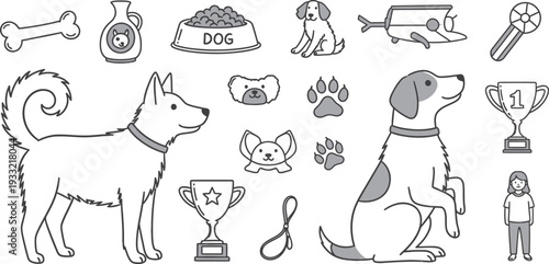 Black and white dog illustrations isolated on transparent background