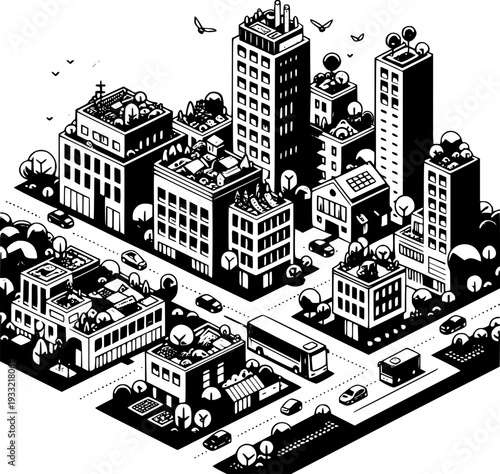 Urban Harmony: A detailed grayscale illustration showcases a modern cityscape with buildings, vehicles, and green elements, blending urban development with a touch of nature.
