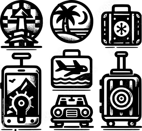 Travel Icon Collage: A collection of meticulously crafted travel icons, each depicting a unique aspect of adventure and exploration, ready to inspire wanderlust and ignite the spirit of journey.