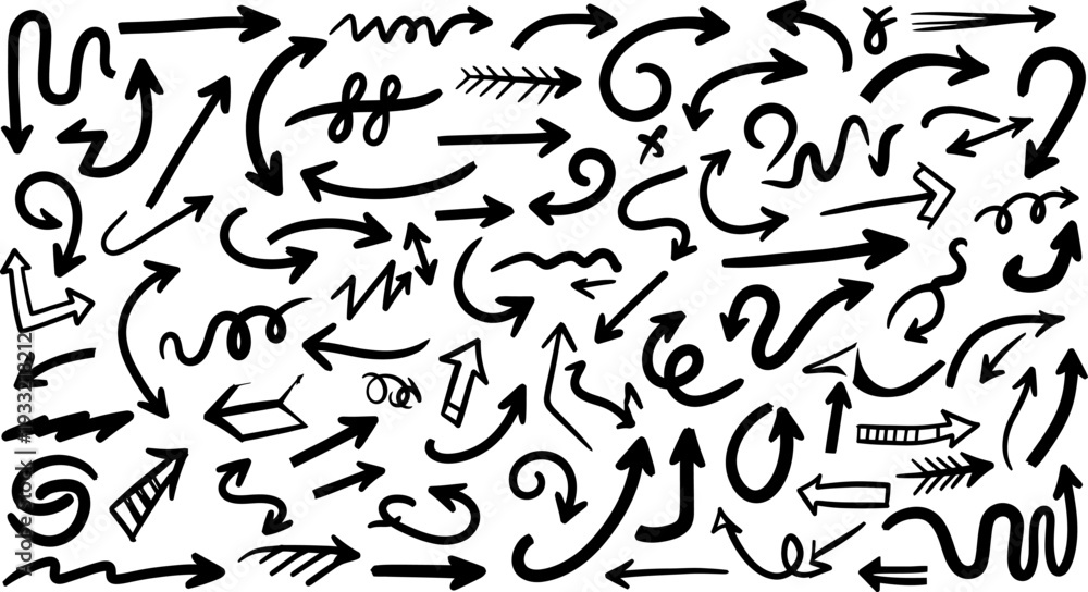 Obraz premium A collection of various hand drawn arrows in silhouette on a white background