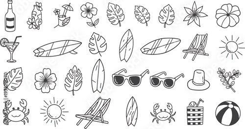 A collection of 25 beach and summer icons isolated on transparent background