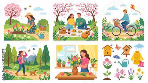 Vibrant spring scenes of people enjoying nature and gardening